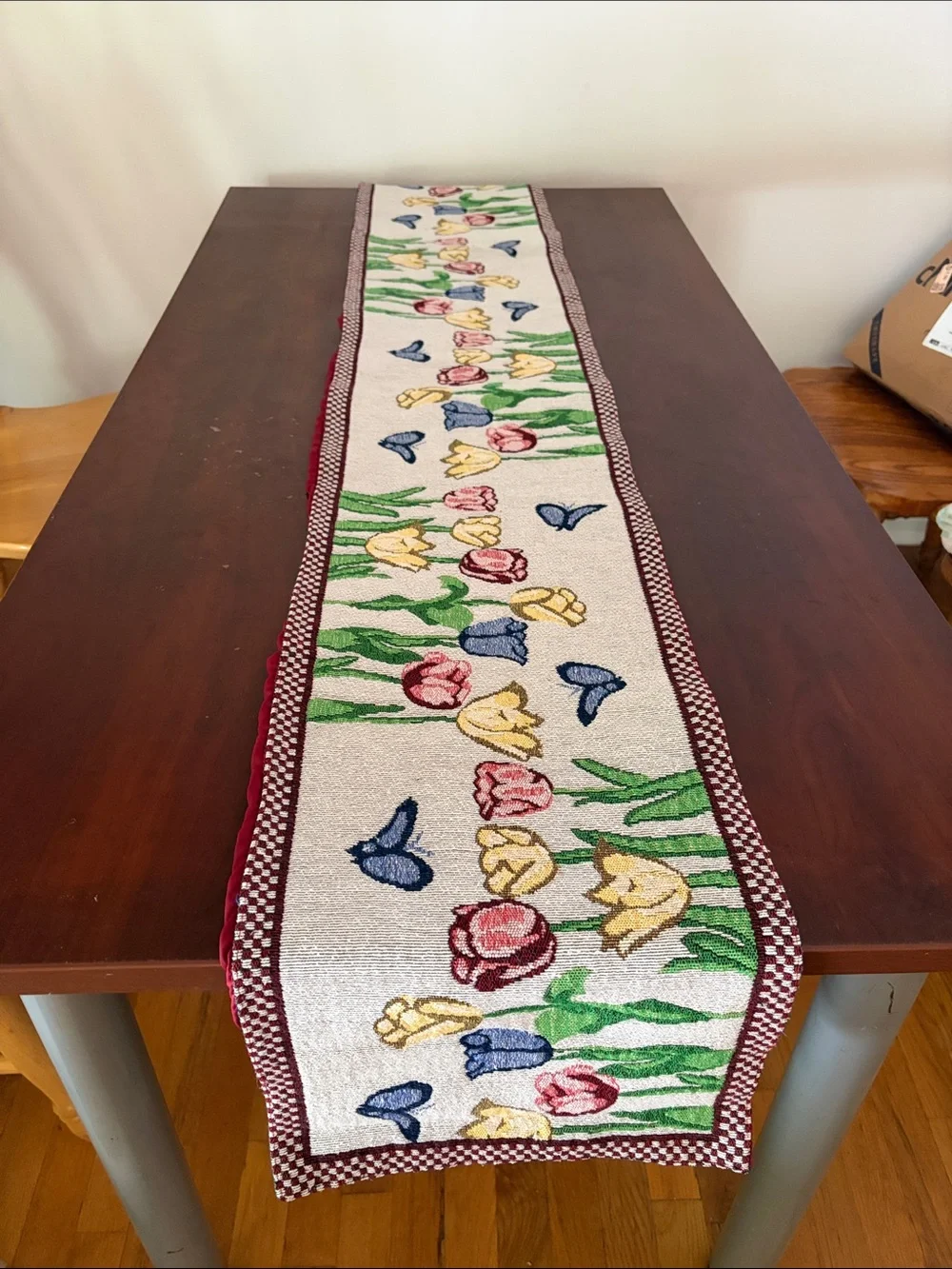 Floral Tulips Butterflies Tapestry Table Runner Spring Easter Cottage Farmhouse